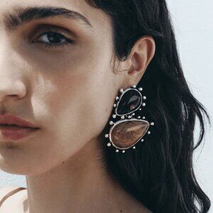 NEW Modernist Silver Plated Brown & Butterscotch Stone Statement Earrings